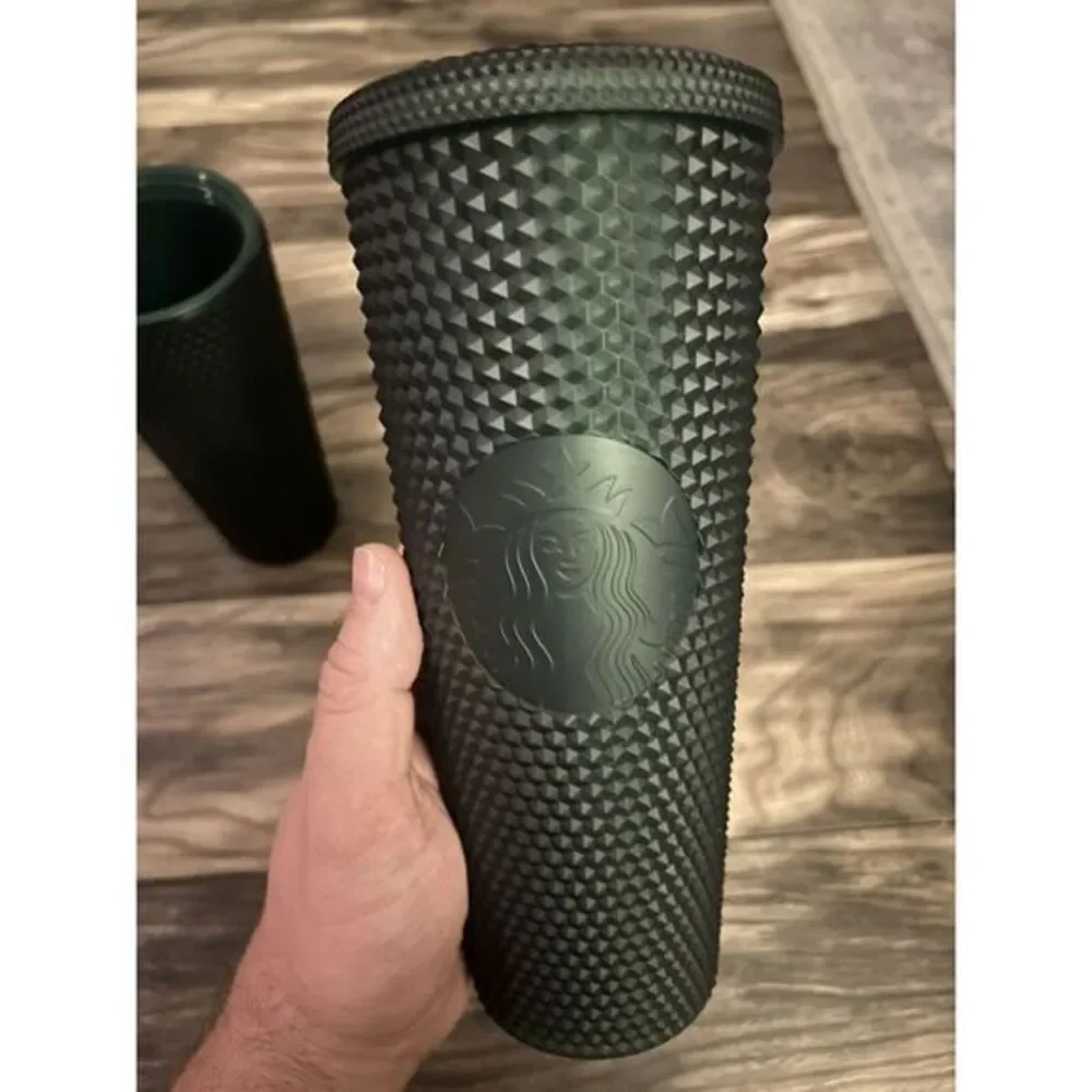 Bundle Starbucks 2022 Studded Matte Dark Green 24oz Tumbler Cold Cup Venti 1 Lid